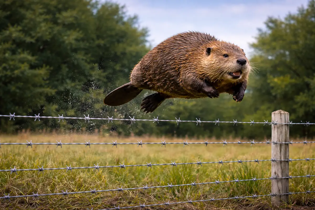 Бобёр прыгает через забор